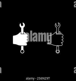 Wrench hexagon in hand tool in use Arm Spanner Mechanic engineer instrument icon white color vector illustration flat style simple image set. Wrench hexagon in hand tool in use Arm Spanner Mechanic engineer instrument icon white color vector illustration flat style image set Stock Vector