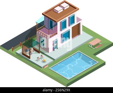 Outdoor patio. Wooden exterior terrace in garden with relax place luxury picnic barbecue cooking vector isometric kitchen. Wooden building on backyard with swimming pool illustration. Outdoor patio. Wooden exterior terrace in garden with relax place luxury picnic barbecue cooking vector isometric kitchen Stock Vector