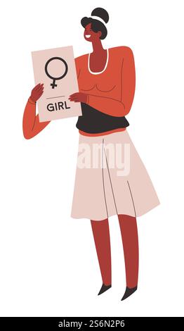 Protester female character standing for women rights and equality. Isolated personage showing banner with venus mirror symbol. Girls power movement and feminism, vector in flat style illustration. Feminists protesting showing Venus mirror sign on board Stock Vector