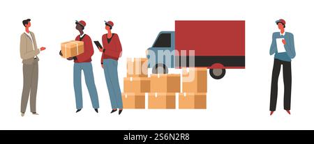 Delivery of packages, logistics company and humanitarian help for people. Warehouse with parcels and carton boxes, van for transportation of goods. Store or shop orders, vector in flat style. Humanitarian help for refugees or poor, logistics service Stock Vector
