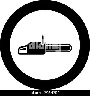 Chainsaw Petrol chain saw Lumberjack tool icon in circle round black color vector illustration solid outline style simple image. Chainsaw Petrol chain saw Lumberjack tool icon in circle round black color vector illustration solid outline style image Stock Vector