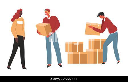 People with parcels and carton boxes, delivery men working with orders of shop. Humanitarian help or logistics company fulfilling requests. Transportation of cargo, carriers vector in flat style. Humanitarian help or aid, warehouse with parcels and boxes Stock Vector