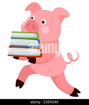 Pig character carrying books and textbooks for school. Isolated animal personage, learning and studying. Intelligent small piggy. Pupil or student, piglet obtaining knowledge vector in flat style. Small pig animal carrying book, school character vector Stock Vector