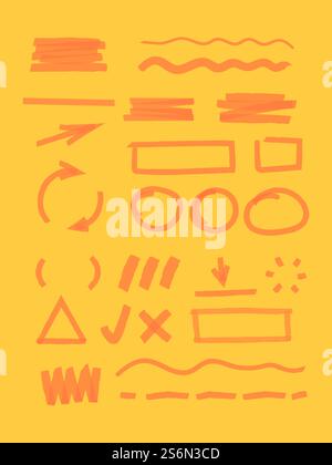 Highlight markers. Striped lines dotted shapes dividers and frames for news highlight vector pen marks circles and arrows. Pen stroke sketch, mark underline brush, marker highlight grunge illustration. Highlight markers. Striped lines dotted shapes dividers and frames for news highlight vector pen marks circles and arrows Stock Vector