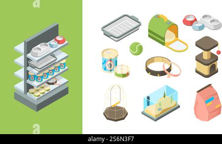 Pets shop. Products for animals balls toys food dogs cats fishes items vector isometric collection. Accessory for pet, nutrition and product, equipment and shampoo illustration. Pets shop. Products for animals balls toys food dogs cats fishes items vector isometric collection Stock Vector
