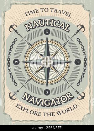 Nautical poster. Wind rose and stylized marine symbols for travelers placard for nautical adventures vector retro template. Discovery adventure, nautical cartography exploring navigation illustration. Nautical poster. Wind rose and stylized marine symbols for travelers placard for nautical adventures vector retro template Stock Vector