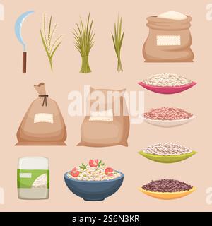 Rice grained. Storage sacks rice products grained agricultural food vector illustrations in cartoon style. Rice product, food storage grain in bag burlap. Rice grained. Storage sacks rice products grained agricultural food vector illustrations in cartoon style Stock Vector