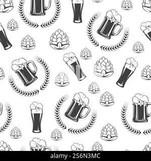Glass of beer seamless pattern. Colorless hops or malt, wheat wreath with alcoholic beverage. Craft alcohol, brewery print. Sketch of ale or cider with foam, menu of pub or bar vector in flat. Beer glass with hops and wheat wreath seamless pattern Stock Vector