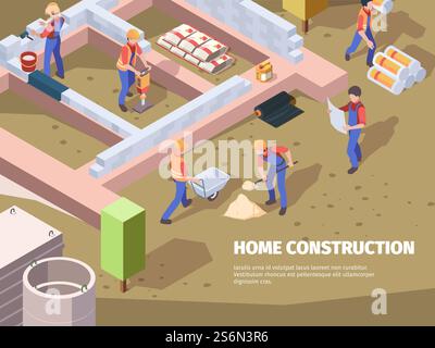 Workers foundation building. Architects and builders construct house engineers working vector isometric background. Construction and foundation, worker working on site illustration. Workers foundation building. Architects and builders construct house engineers working vector isometric background Stock Vector