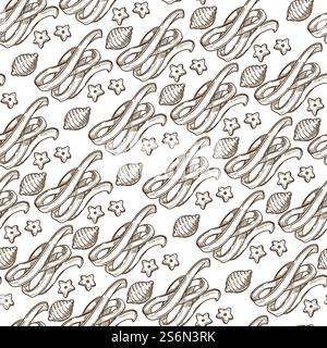 Pasta of italy, types of macaroni seamless pattern. Delicious fusilli and spaghetti, nutrition and dieting. Organic ingredients for cooking dishes. Monochrome sketch outline, vector in flat style. Italian pasta types, macaroni of italy cuisine seamless pattern Stock Vector