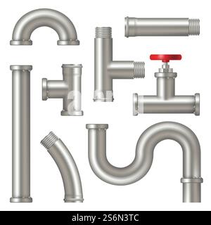 Steel pipes. Realistic picture of water tubes systems with cranes curved factory oil or gas pipelines vector set. Pipe metal steel, pipeline plumbing illustration. Steel pipes. Realistic picture of water tubes systems with cranes curved factory oil or gas pipelines vector set Stock Vector
