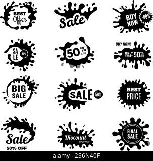 Black splashes. Sale promotional badges special offers advertising tags vector collection. Offer discount sticker, special sale promo illustration. Black splashes. Sale promotional badges special offers advertising tags vector collection Stock Vector