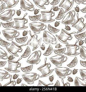 Natural ingredients in tea, raspberry and lemon slice seamless pattern. Hot beverage with organic berries and citrus, healthy eating and dieting. Monochrome sketch outline, vector in flat style. Herbal tea, hot beverage with raspberry and lemon slice Stock Vector