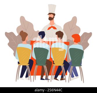 Master class or workshop from chef. Students in culinary classes, training and teaching new skills. Education or catering, judges tasting samples in competition. Traditional cuisine, vector in flat. Culinary classes or course, tv show masterclass vector Stock Vector