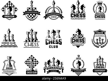 Chess labels. Sport stylized silhouettes of chess figures knight rook pawn vector illustration of badges. Emblem chess competition, queen and king. Chess labels. Sport stylized silhouettes of chess figures knight rook pawn vector illustration of badges Stock Vector