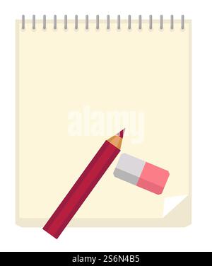 School supplies, office stationery, isolated icon of notepad with pencil and eraser. paper for writing business ideas or classes in university. Organizer for working or studying vector in flat. Notepad for taking notes and pencil with eraser Stock Vector