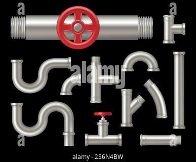 Pipelines realistic. Factory steel tubes curve metalic oil or water pipes vector collection. Plumbing realistic pipe, tube and steel metal, pipeline part illustration. Pipelines realistic. Factory steel tubes curve metalic oil or water pipes vector collection Stock Vector