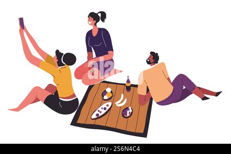 Friends on picnic taking selfie sitting on blanket. People spending time outside, extroverts photographing. Summertime activities of personages. Man and woman, vector in flat style illustration. People taking selfie while having picnic outdoors vector Stock Vector