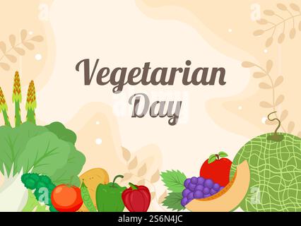 World Vegetarian Day Cute Cartoon Vector Illustration of Various Types of Vegetables or Fruits Such as Broccoli, Carrots, Tomatoes and Others for Maintain Health Stock Vector