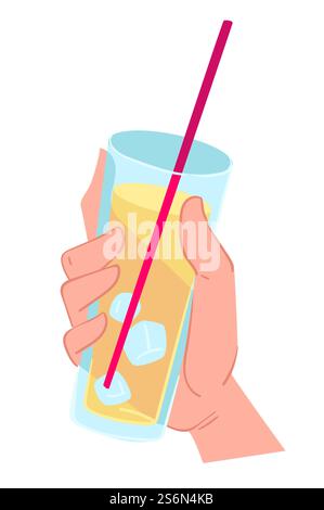Lemonade served with ice cubes, hand holding refreshing beverage. Drink made of fresh raw lemon juice and water. Juicy water with straw, delicious treatment organic product. Vector in flat style. Hand holding lemonade with ice cubes and straw Stock Vector