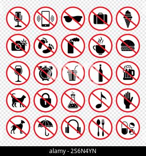 Prohibiting signs. Forbidden eating guns animals mobile phones eat child no vector signs collection. Illustration prohibited and danger, camera prohibition. Prohibiting signs. Forbidden eating guns animals mobile phones eat child no vector signs collection Stock Vector