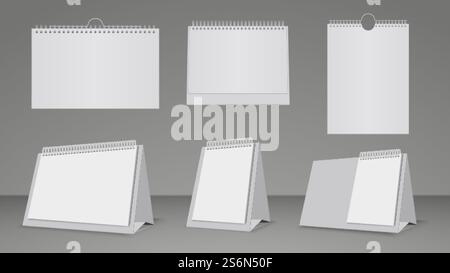 Realistic calendar templates. Wall and table blank paper calendars mockup vector set. Blank office empty calendar, mockup page organize binder illustration. Realistic calendar templates. Wall and table blank paper calendars mockup vector set Stock Vector