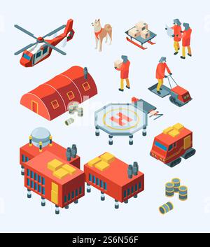 Arctic explorer. Meteorology polar expedition north pole tourism ship transport specific buildings vector isometric set. Arctic expedition, antarctic transport and meteorological station illustration. Arctic explorer. Meteorology polar expedition north pole tourism ship transport specific buildings flag vector isometric set Stock Vector