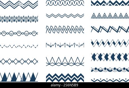 Seamless waves. Abstract geometrical zigzag shapes vector patterns collection. Geometric wave trendy line, linear zig zag abstract illustration. Seamless waves. Abstract geometrical zigzag shapes vector patterns collection Stock Vector