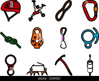 Alpinist Icon Set. Editable Bold Outline With Color Fill Design. Vector Illustration. Stock Vector