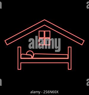 Neon man in bed hotel red color vector illustration flat style light image. Neon man in bed hotel red color vector illustration flat style image Stock Vector