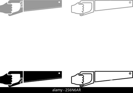 Wood saw in hand tool in use Arm for cutting Timber symbol Sawmill concept set icon grey black color vector illustration flat style simple image. Wood saw in hand tool in use Arm for cutting Timber symbol Sawmill concept set icon grey black color vector illustration flat style image Stock Vector