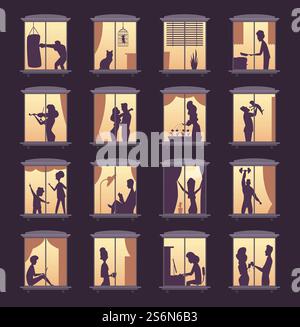 People window silhouettes. Lighting in night house tower apartment buildings vector person silhouettes. Neighborhood window, night time apartment illustration. People window silhouettes. Lighting in night house tower apartment buildings vector person silhouettes Stock Vector