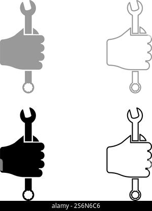 Wrench hexagon in hand tool in use Arm Spanner Mechanic engineer instrument set icon grey black color vector illustration flat style simple image. Wrench hexagon in hand tool in use Arm Spanner Mechanic engineer instrument set icon grey black color vector illustration flat style image Stock Vector