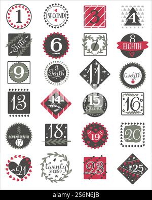 Winter frames and banners with numbers, calendar with decorations. Wintry theme pine branches and snowflakes. Covers and ribbons with calligraphic inscriptions, vector in flat style illustration. Banners and frames with numbers and winter decorations Stock Vector