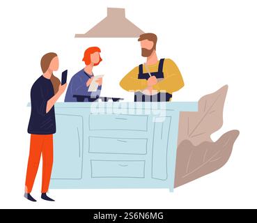 Teaching and learning culinary arts, show or classes with teacher and students taking notes and pictures. Training and practicing, obtaining skills. Workshop or seminar, vector in flat style. Cooking classes or culinary practice with chef vector Stock Vector