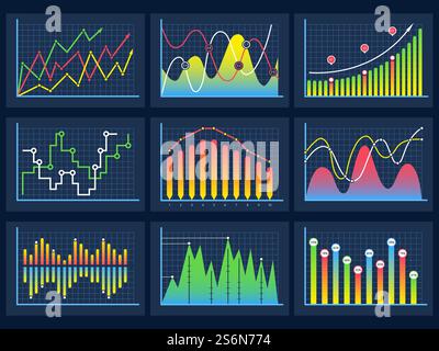 Line charts. Modern infographic set diagrams curves development graphs histogram info vector set. Illustration infographic data, curve line and bar, business information graph. Line charts. Modern infographic set diagrams curves development graphs histogram info vector set Stock Vector