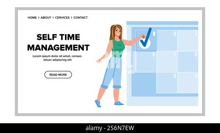 Woman Self Time Management Organization Vector. Businesswoman Self Time Management Occupation For Planning Productivity. Character Planning Time And Week Web Flat Cartoon Illustration. Woman Self Time Management Organization Vector Stock Vector