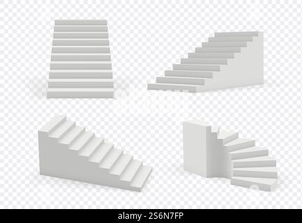 Stairs realistic. Architectural object staircase up steps vector modern templates collection. 3d realistic interior staircase, architecture direction stair illustration. Stairs realistic. Architectural object staircase up steps vector modern templates collection Stock Vector