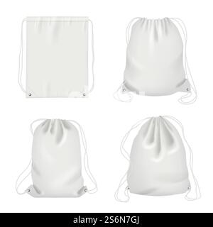 Rope bag. Sport fabric white shoulder drawstring package vector realistic collection. Bag drawstring, pack and pouch, backpack white illustration. Rope bag. Sport fabric white shoulder drawstring package vector realistic collection Stock Vector