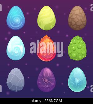 Dragon eggs. Magic fantasy colored items for games fairytale vector round eggs fiery dragon, oval form magic illustration. Dragon eggs. Magic fantasy colored items for games fairytale vector round eggs Stock Vector