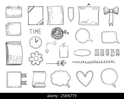 Bullet journal. Hand drawn frames borders and dividers notes templates for personal notebooks graphics vector elements. Doodle sketch page and divider for copybook illustration. Bullet journal. Hand drawn frames borders and dividers notes templates for personal notebooks graphics vector elements Stock Vector