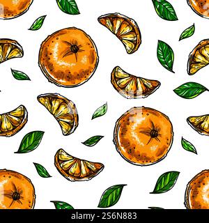 Mandarins and spices, citrus and mint leaves seamless pattern isolated on white. Refreshing products seasonal ingredients. Clementines or tangerines, vegetarian or vegan menu, vector in flat style. Citrus and herbs, mandarins and mint leaves seamless pattern Stock Vector