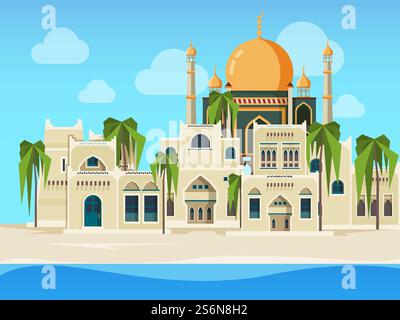 Arabic landscape. Cultural muslim buildings desert background with arabic architectural objects vector illustration in flat style. Building muslim architecture, arabic culture traditional. Arabic landscape. Cultural muslim buildings desert background with arabic architectural objects vector illustration in flat style Stock Vector