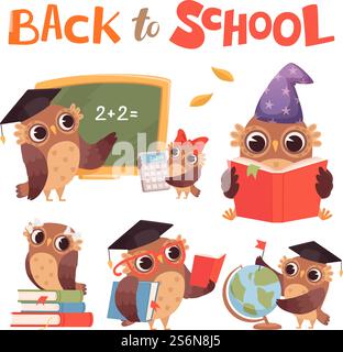 Cartoon owls. Cute clever forest birds with books vector set. Illustration bird owl education, school teacher and students. Cartoon owls. Cute clever forest birds with books vector set Stock Vector