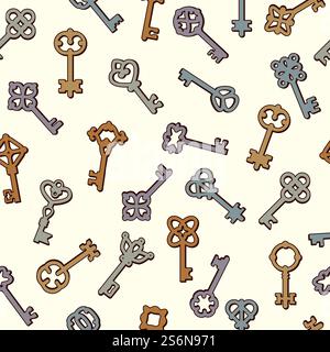 Keys pattern. Safety symbols key collection in victorian style vector seamless background. Symbol safety wrapping backdrop, old-fashioned seamless pattern illustration. Keys pattern. Safety symbols key collection in victorian style vector seamless background Stock Vector