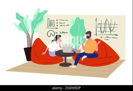 Students working on university project in campus lounge. Man and woman freelancers on job, workplace with formulas and maths. Academic writing or researches or scientists, vector in flat style. University campus lounge or workplace of young business people Stock Vector