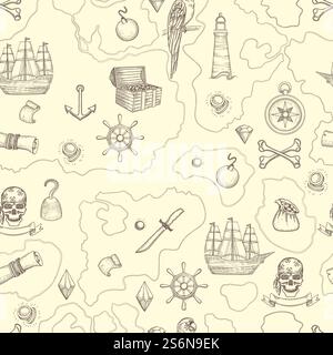 Pirate map seamless. Nautical vintage detailed adventure map with treasures and sea objects ships weapons creatures. Vector pattern. Sea adventure, pirate treasure in ocean island illustration. Pirate map seamless. Nautical vintage detailed adventure map with treasures and sea objects ships weapons creatures. Vector pattern Stock Vector