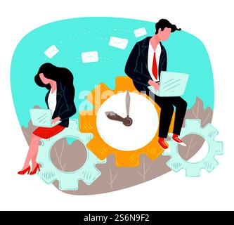 Man and woman working on business project using gadgets and documents. Employees with gears, cogwheels and clocks. Deadlines and time management, teamwork and brainstorming vector in flat style. Employees working on project using laptops, business workers Stock Vector