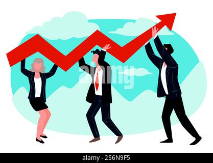 Employees or business partners working on achieving results, successful businessman and businesswoman in team. Teamwork and task, goal completion, rising increasing arrow, vector in flat style. Business partners or team of workers achieving results Stock Vector