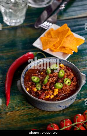 Chili con carne with nachos Stock Photo